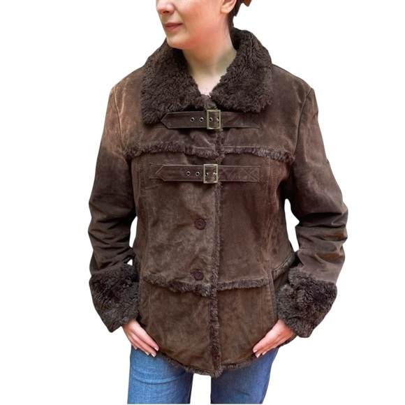 STEVE MADDEN Y2K CHOCOLATE BROWN SUEDE FAUX SHEARLING BUCKLE BUTTON FRONT JACKET - Picture 1 of 16